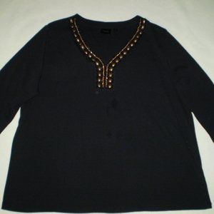 WOMEN'S SIZE: XL PETITE~BLACK/NECKLINE DESIGN KNIT TOP~EUC.